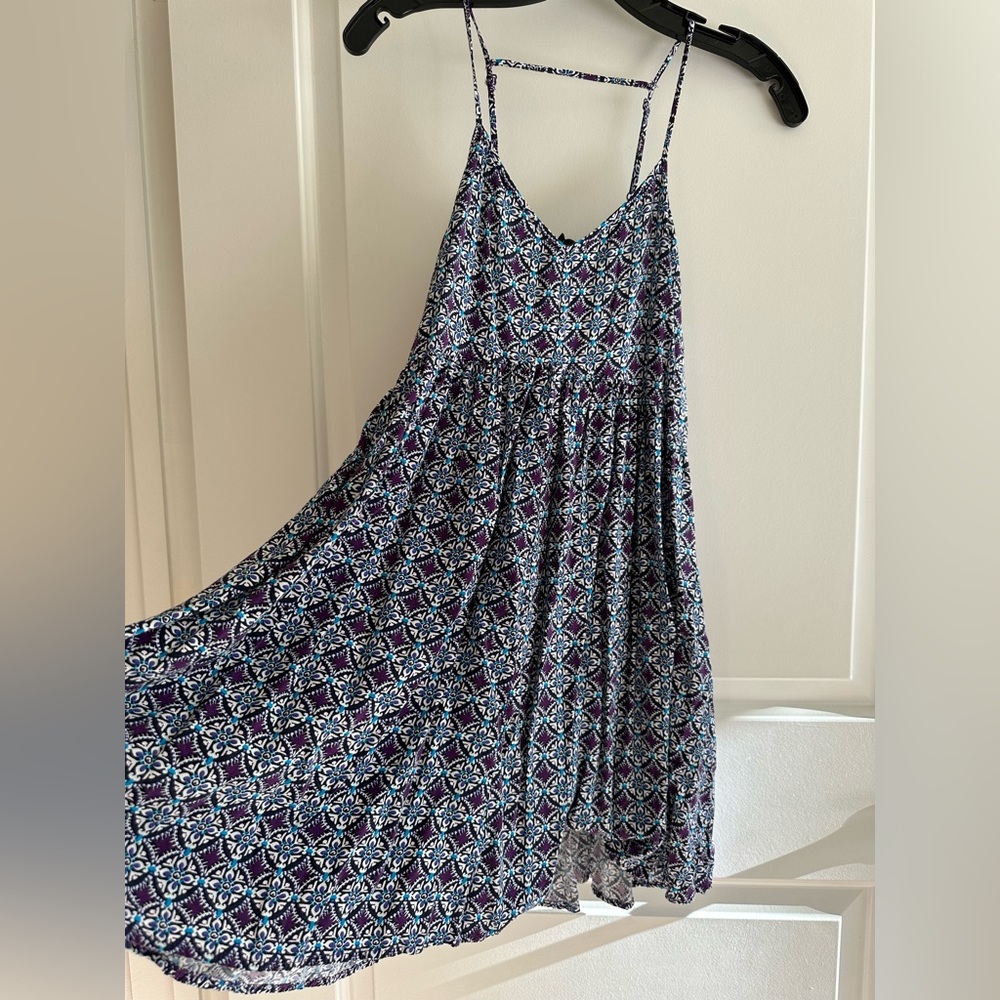 Express Purple & Blue Patterned Spaghetti Strap Dress (Size Small)